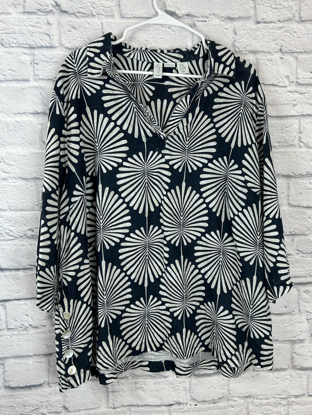 Joie 2X 100% Linen Black Cream Floral Print Button Sleeve Tunic Blouse